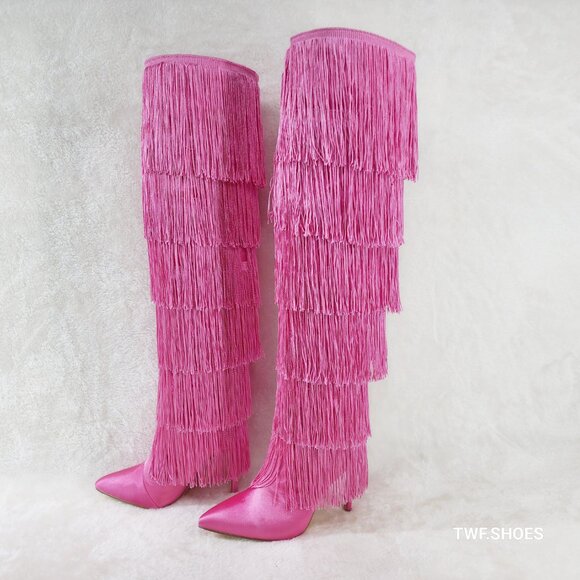 Gogo Fringed Thread Tassle OTK Thigh High Pink Satin High Heel Boots - Picture 5 of 14